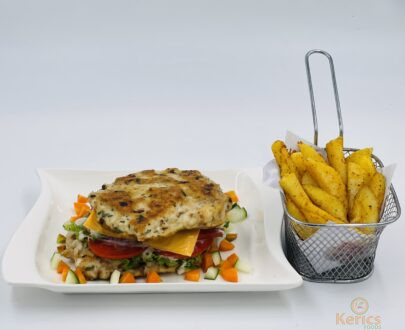 Bun-less chicken burger with fries