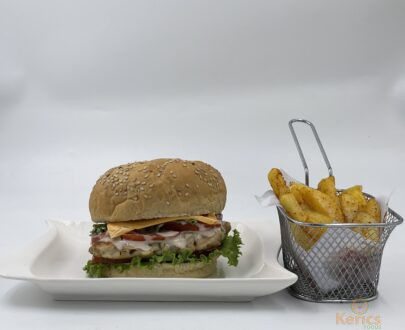 Chicken burger with fries